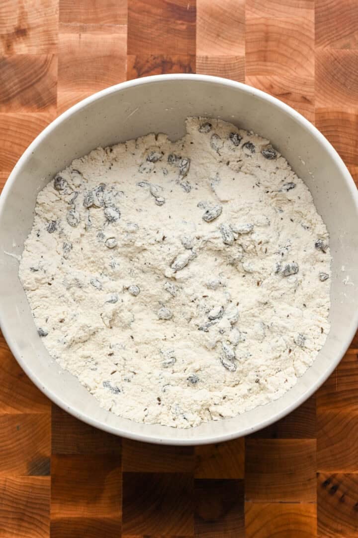 Dry ingredients mixed together in a white mixing bowl.