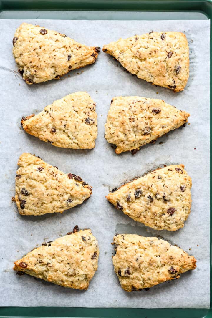 Irish soda bread scones on a baking sheet after baking.