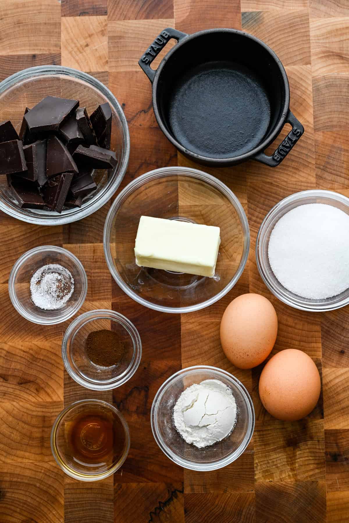 Overhead view of ingredients for chocolate lava cakes.