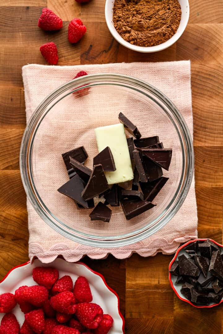 Chocolate and butter in a bowl before melting.