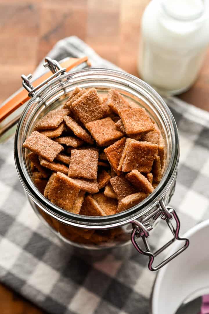 Overhead view of cinnamon toast crunch in a jar.