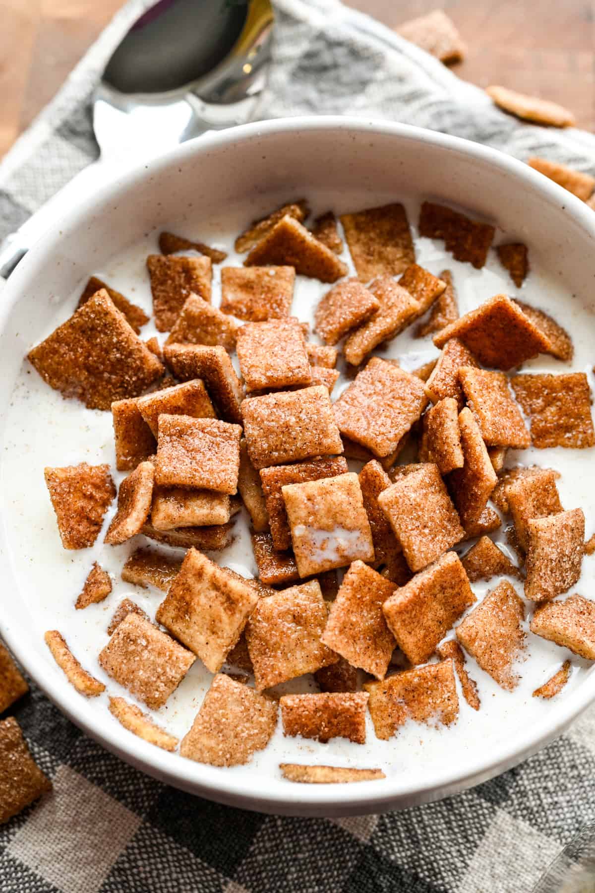 Overhead view of cinnamon toast crunch in a bowl.