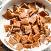 Overhead view of cinnamon toast crunch in a bowl.