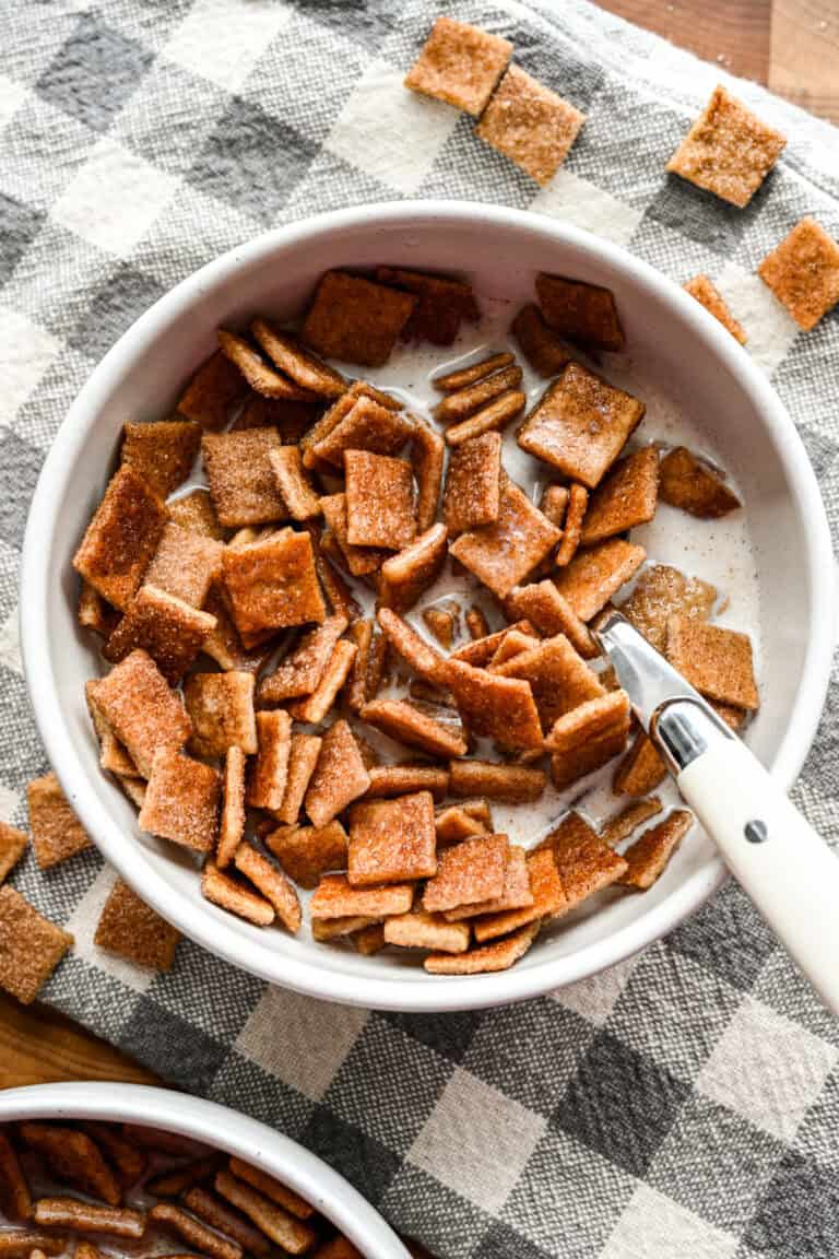 Overhead view of cinnamon toast crunch in a bowl.