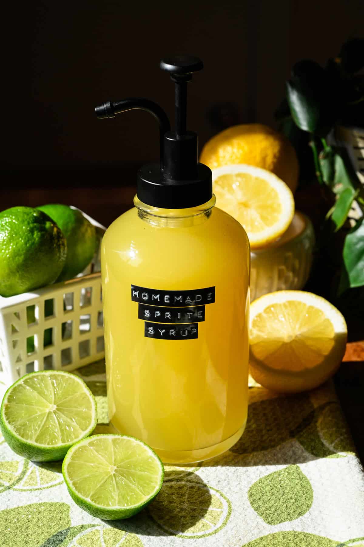 Homemade sprite syrup in a pump bottle.