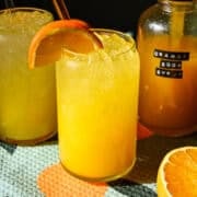 Front view of orange soda in a glass.