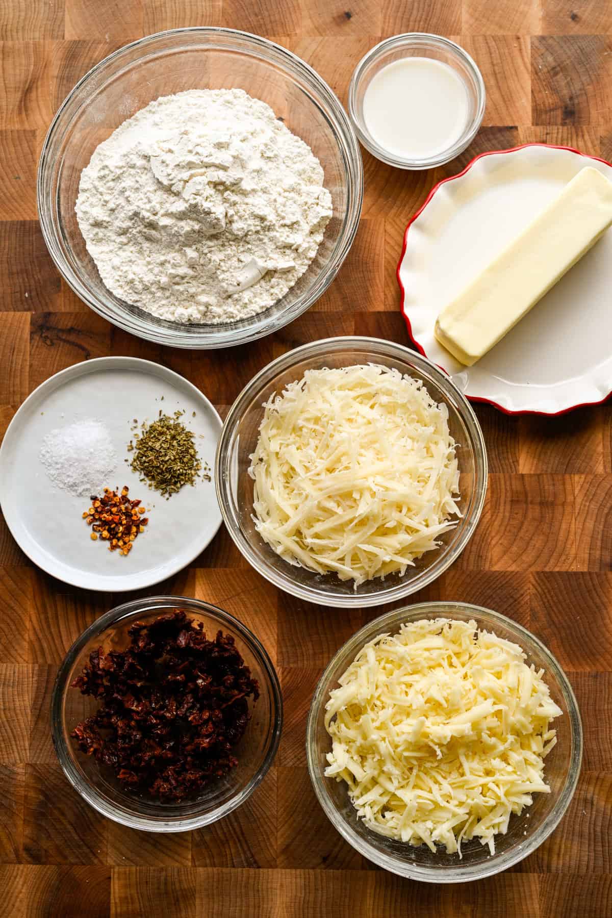 Overhead view of pizza cheez it ingredients.