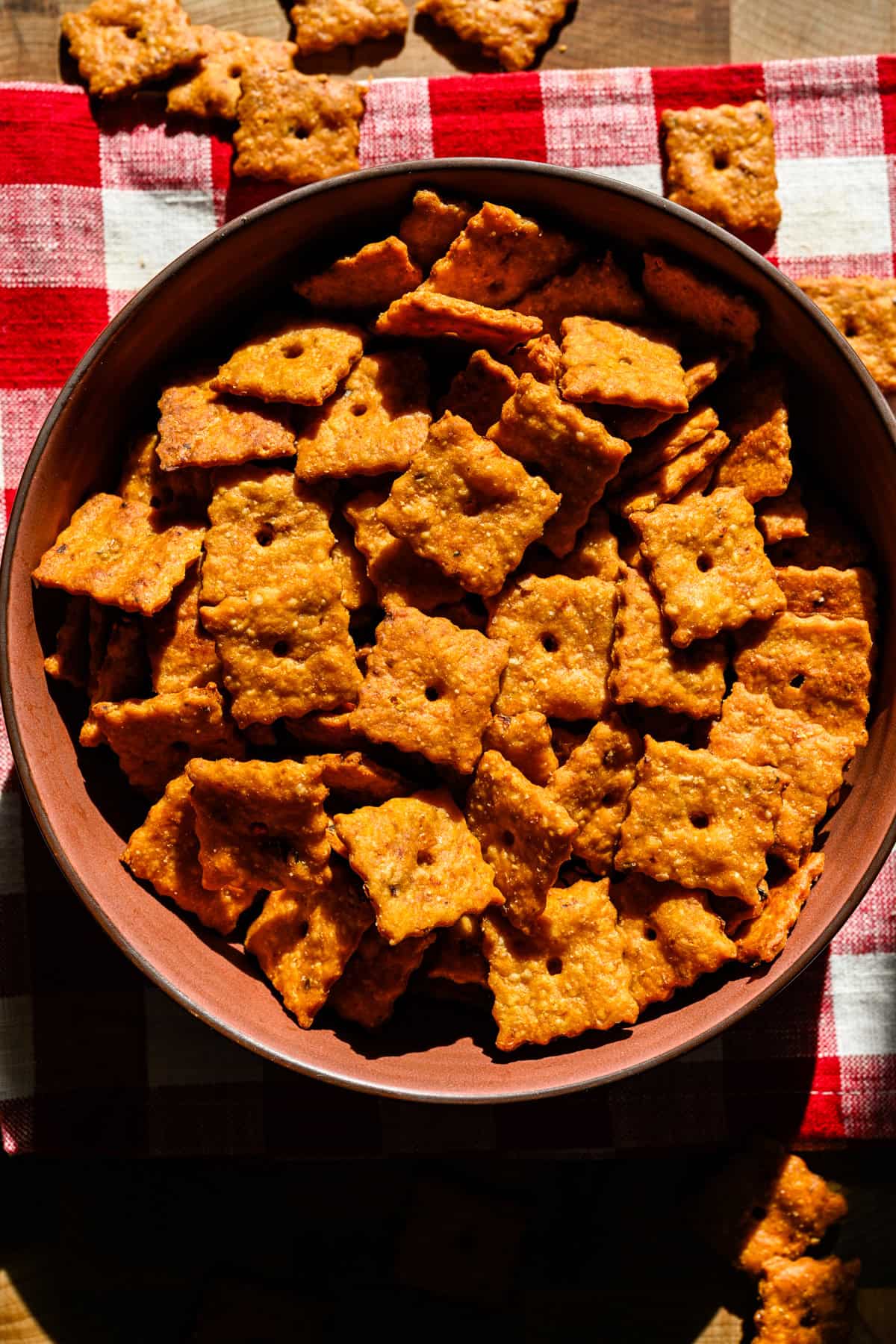 Overhead view of cheez its after baking.
