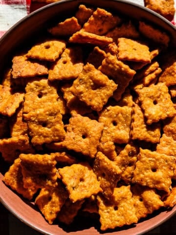 Overhead view of cheez its after baking.