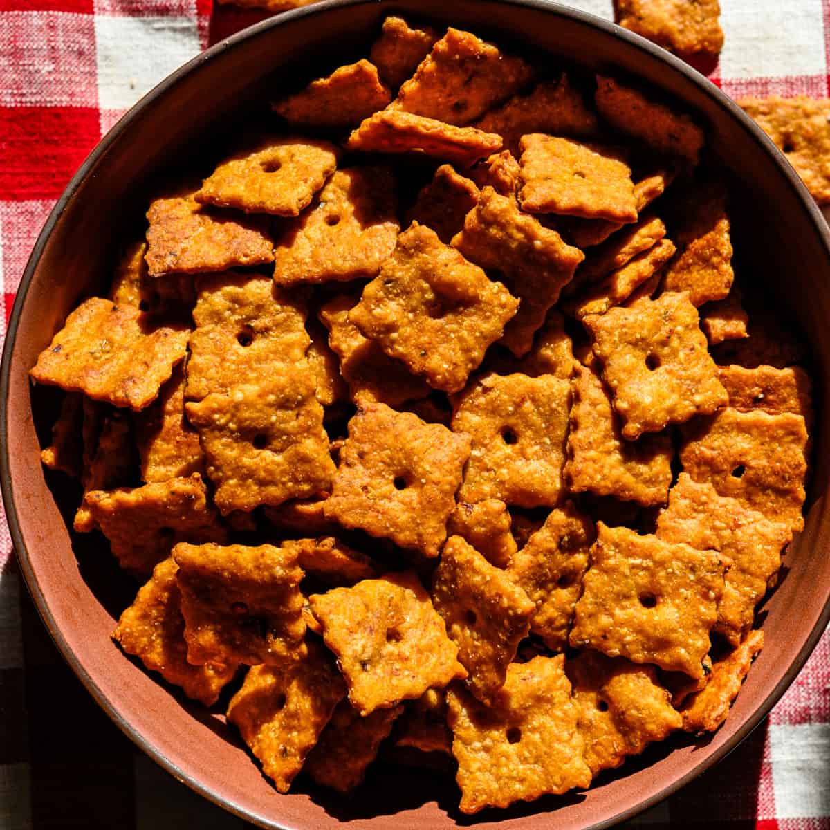 Overhead view of cheez its after baking.