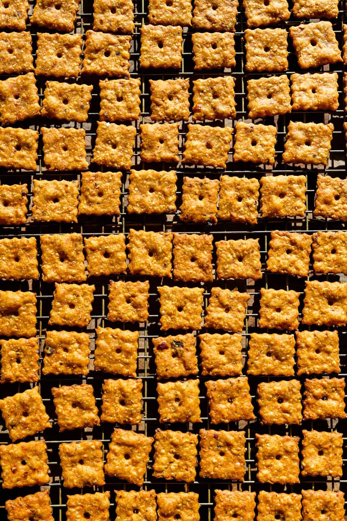 Overhead view of cheez its after baking.