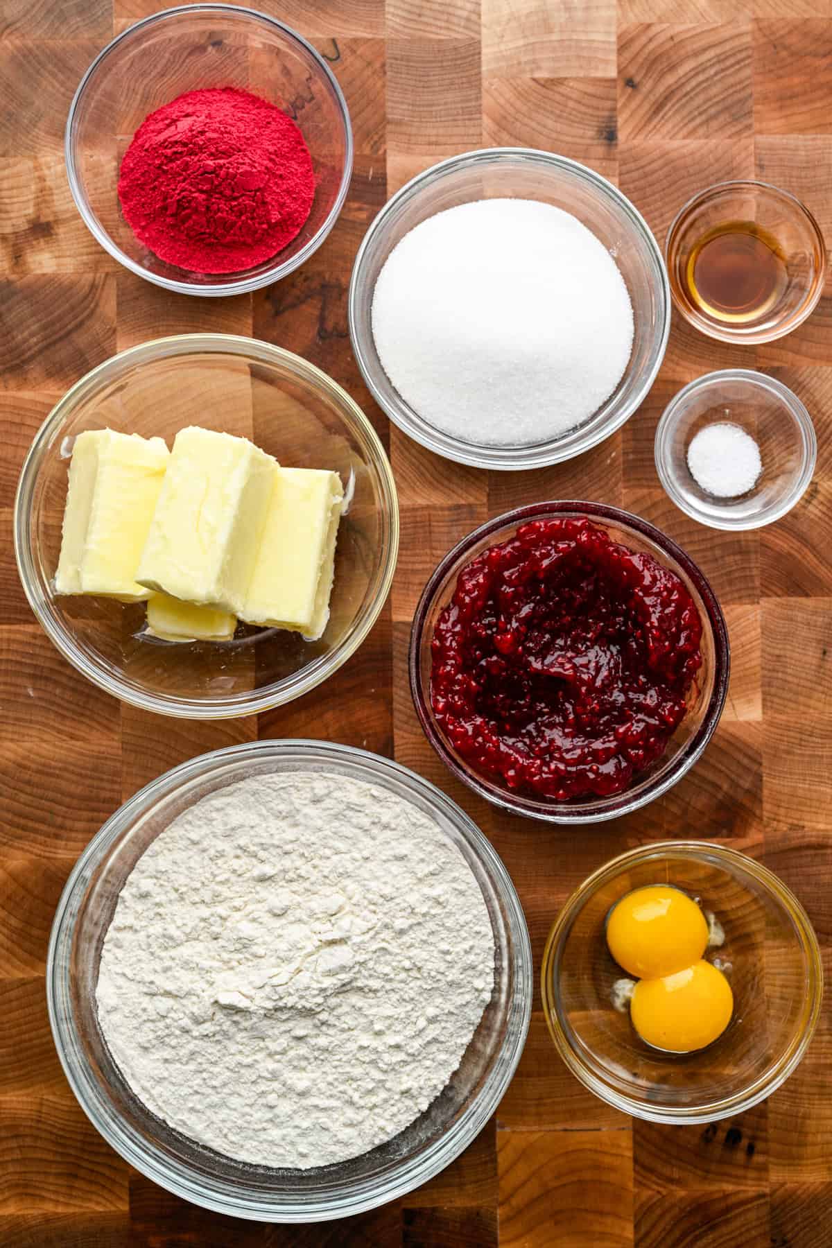 overhead view of ingredients for raspberry thumbprint cookies.