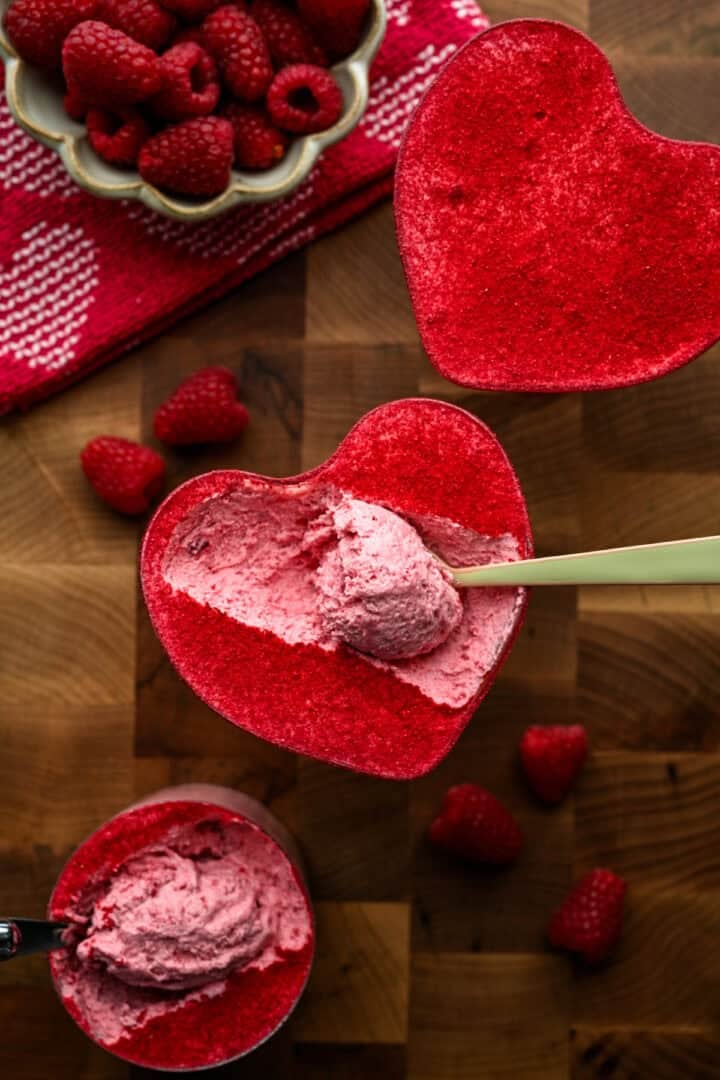 Overhead view of raspberry mousse.