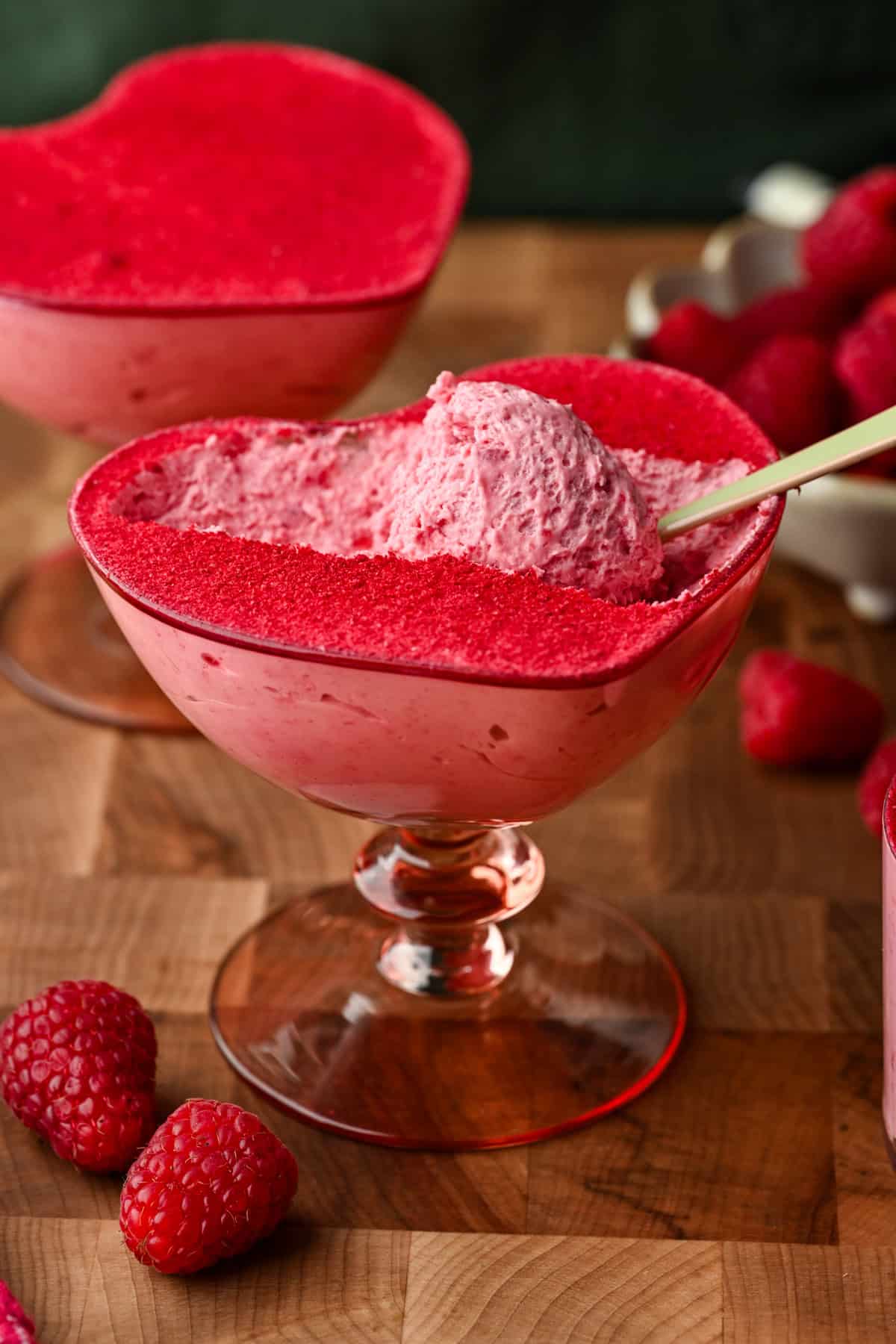 Close up view of raspberry mousse.