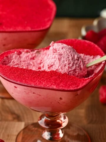 Close up view of raspberry mousse.