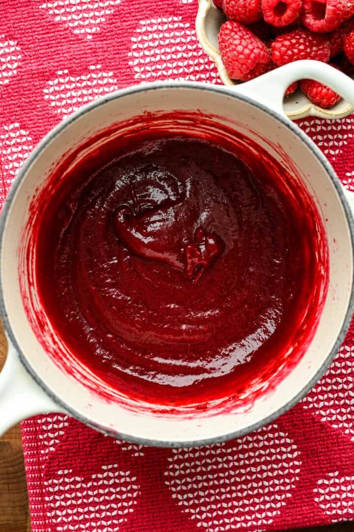 Gelatin added to raspberry puree.