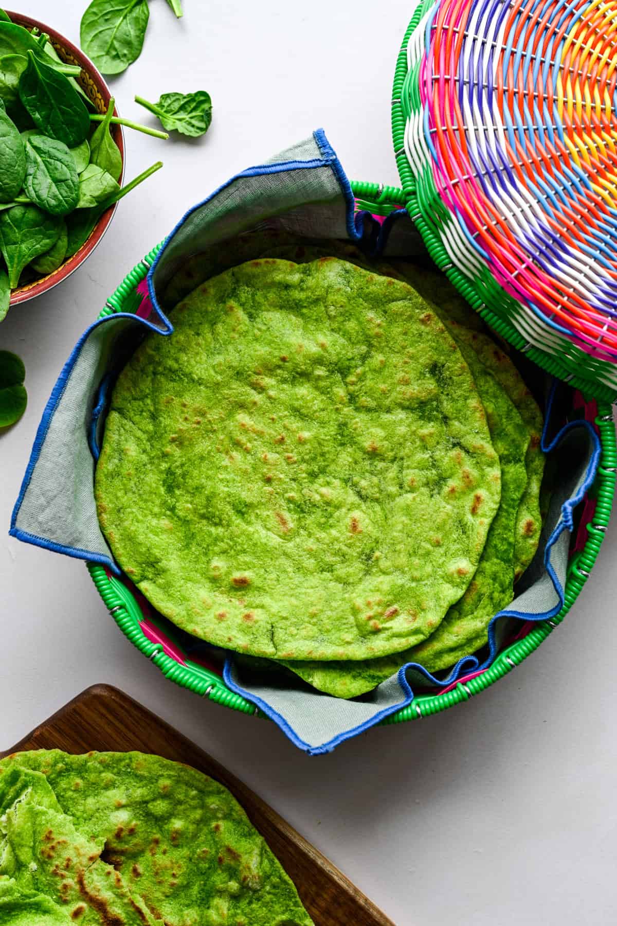 Overhead view of spinach tortillas.