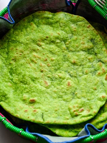 Overhead view of spinach tortillas.