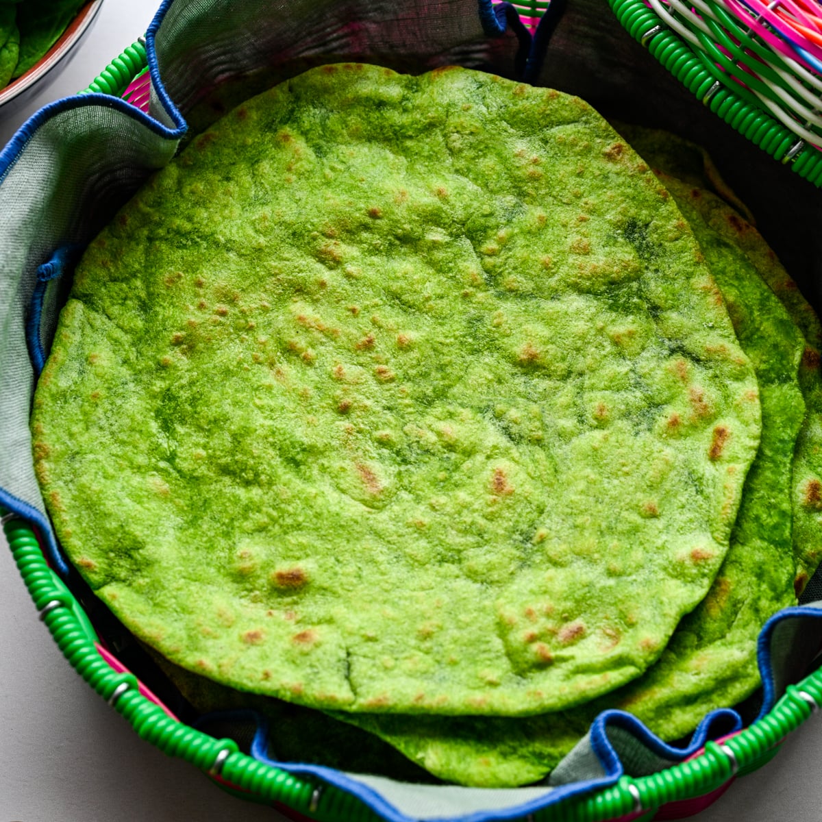 Overhead view of spinach tortillas.