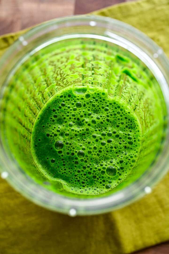 Overhead view of spinach after blending.