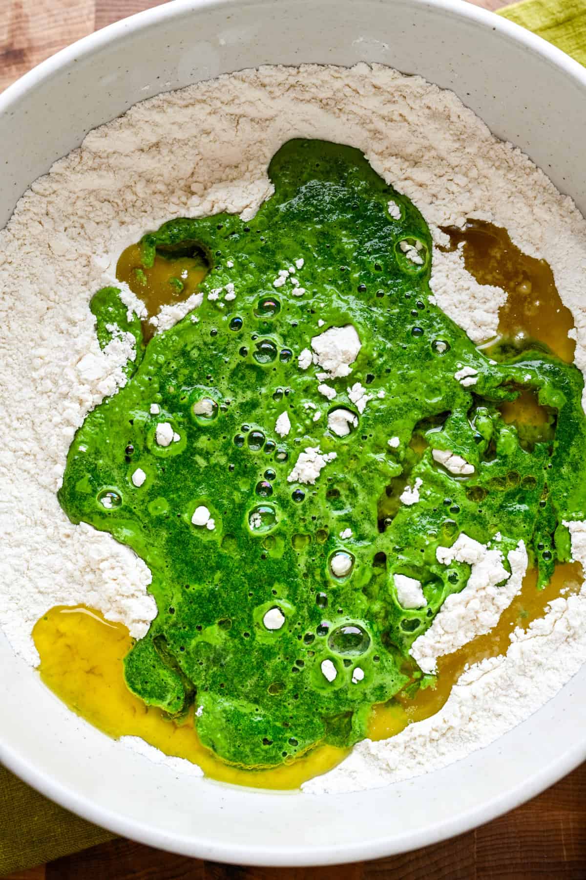 Overhead view of dough before mixing it all together.