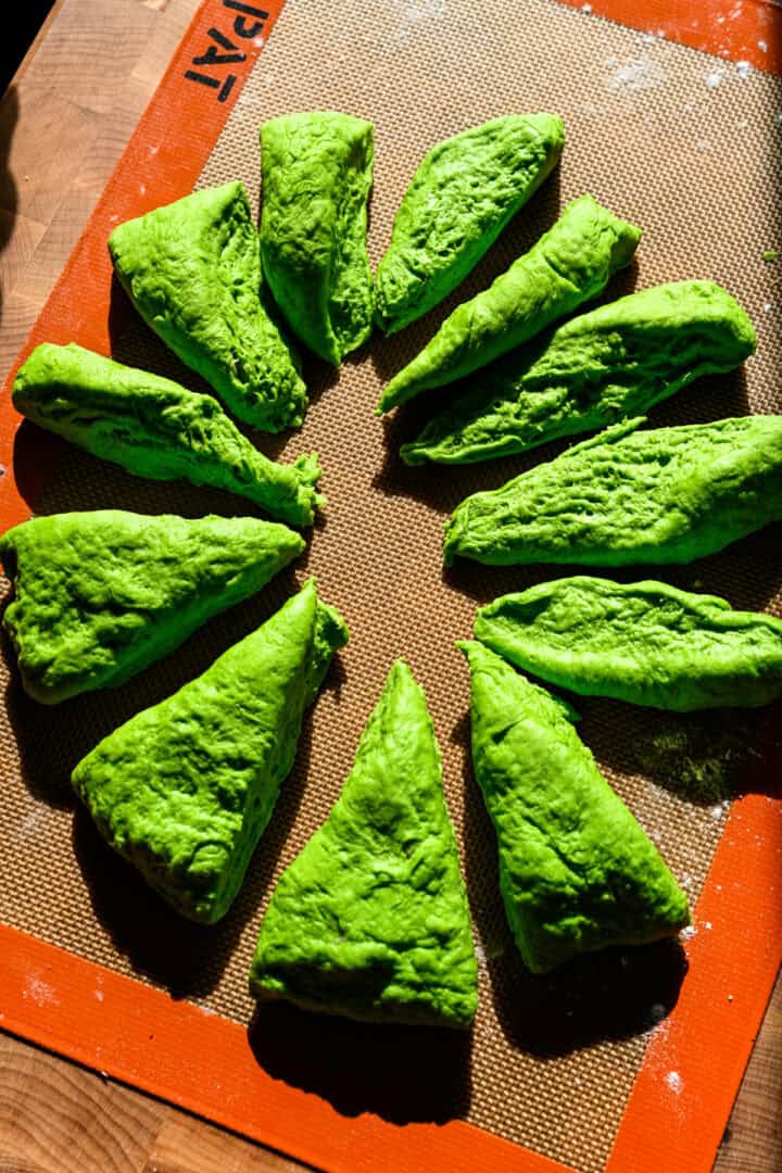 Overhead view of dough portioned into pieces.