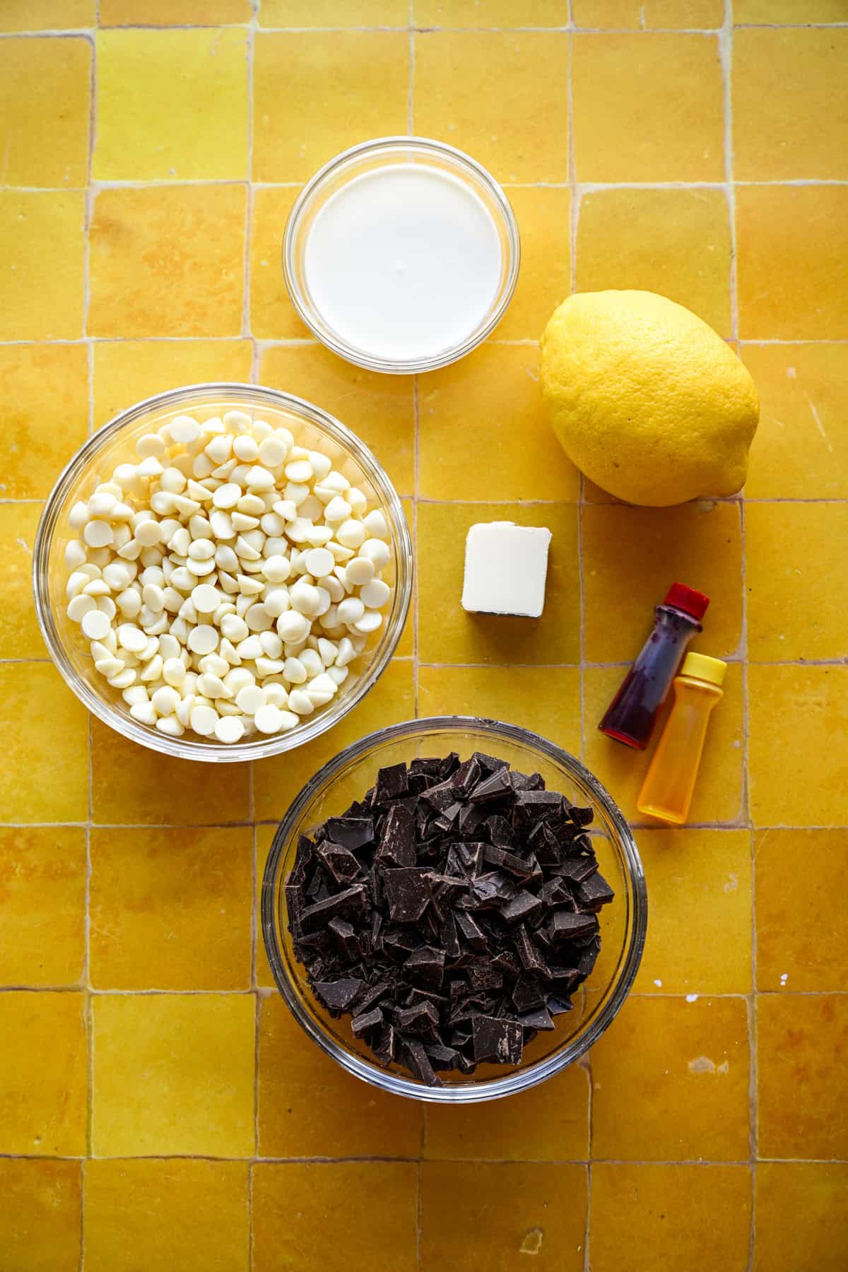 Overhead view of chocolate egg truffle ingredients.