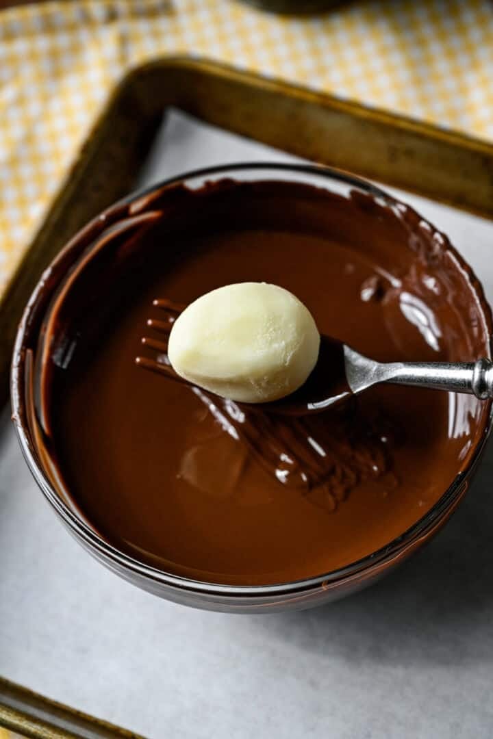 Overhead view of chocolate truffle before dipping.