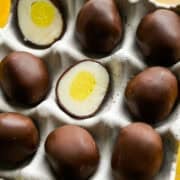 Overhead view of chocolate egg truffles in an egg container.