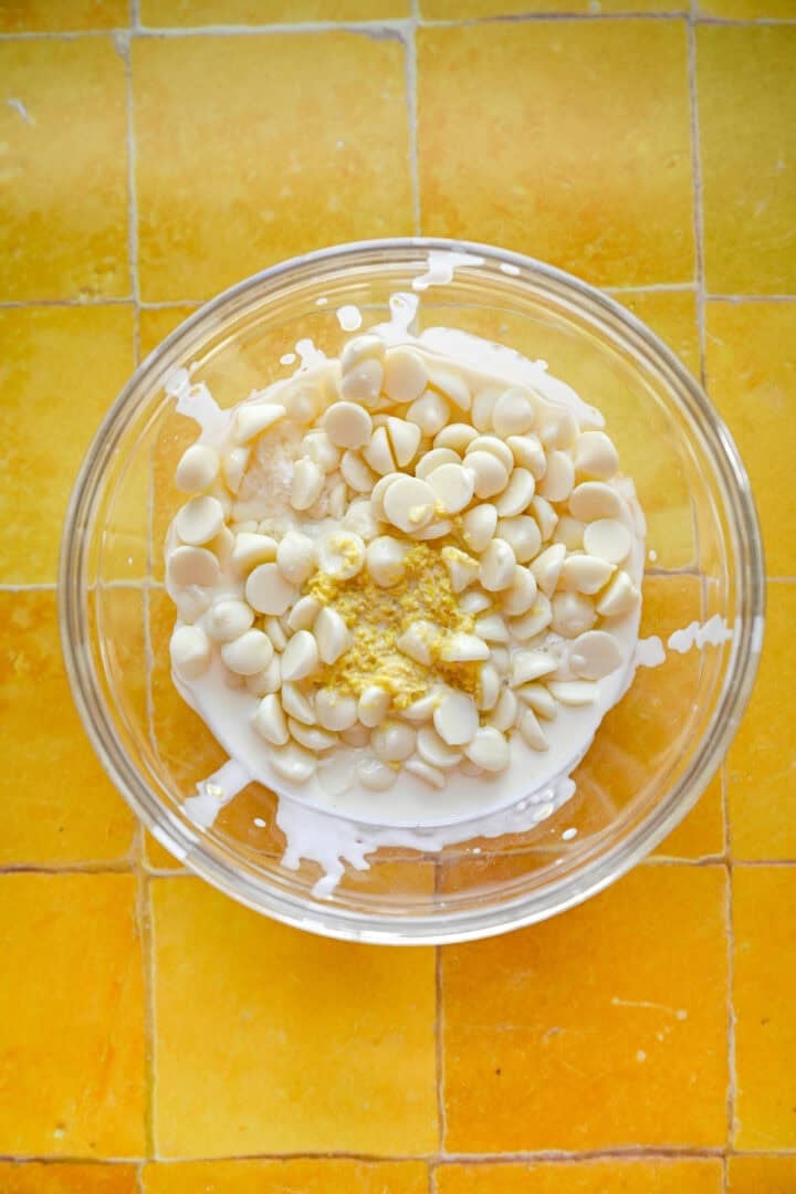 Overhead view of white chocolate before melting.