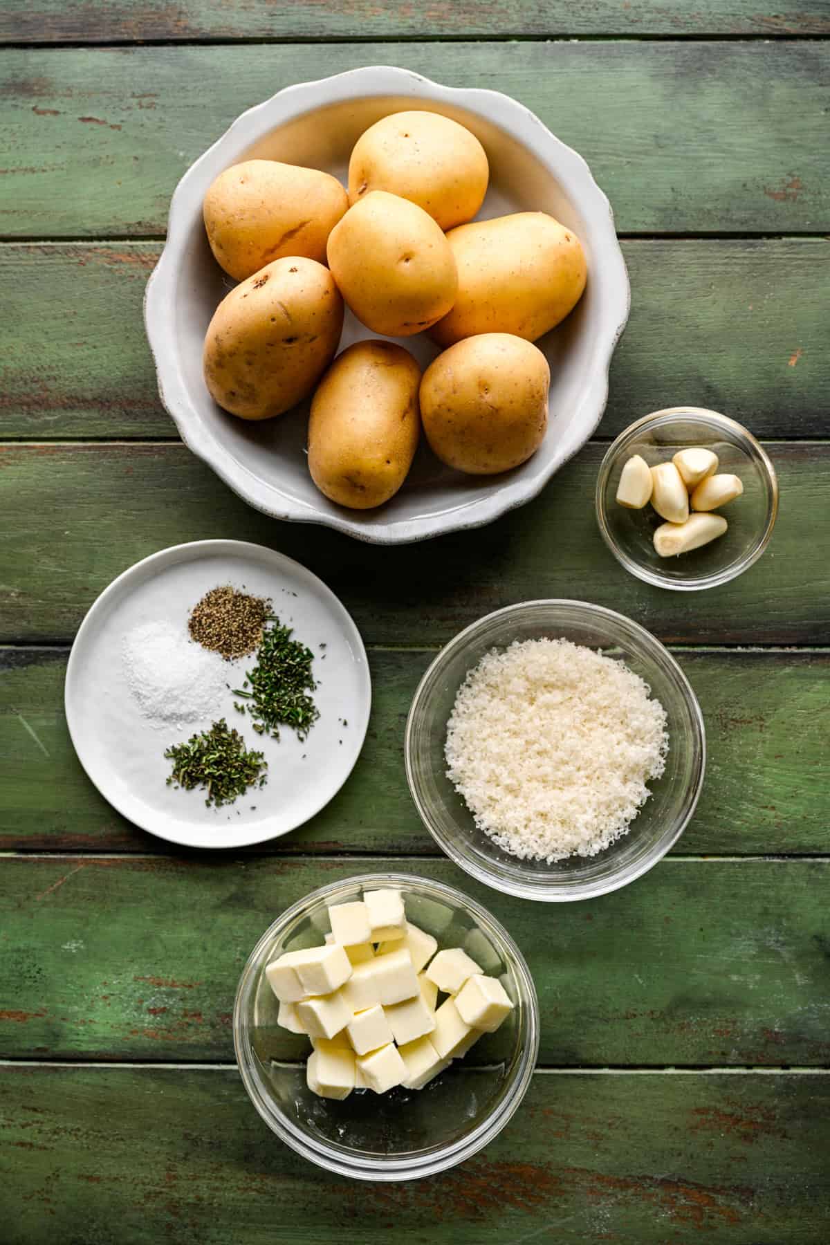 Overhead view of potato roses ingredients.