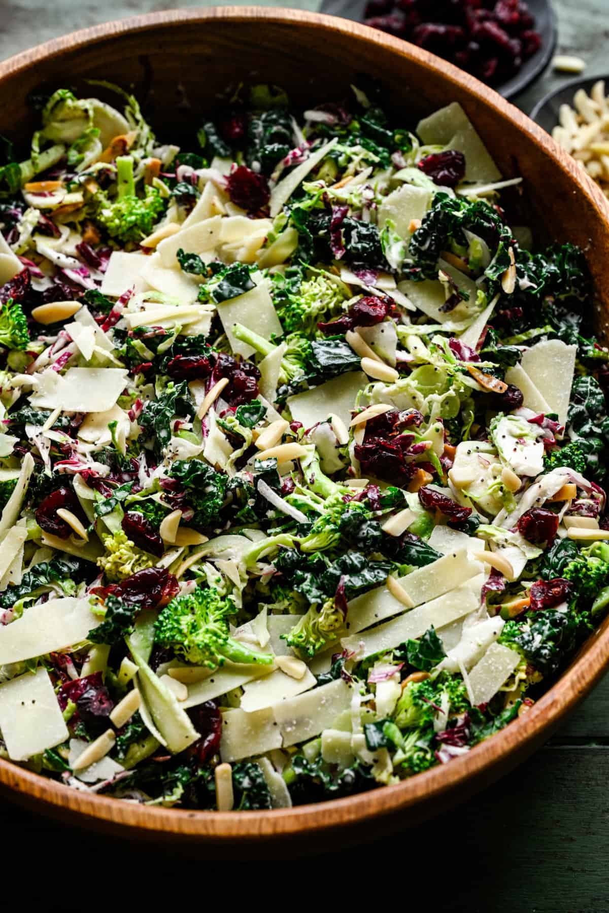 Kale broccoli salad mixed together in a large bowl.