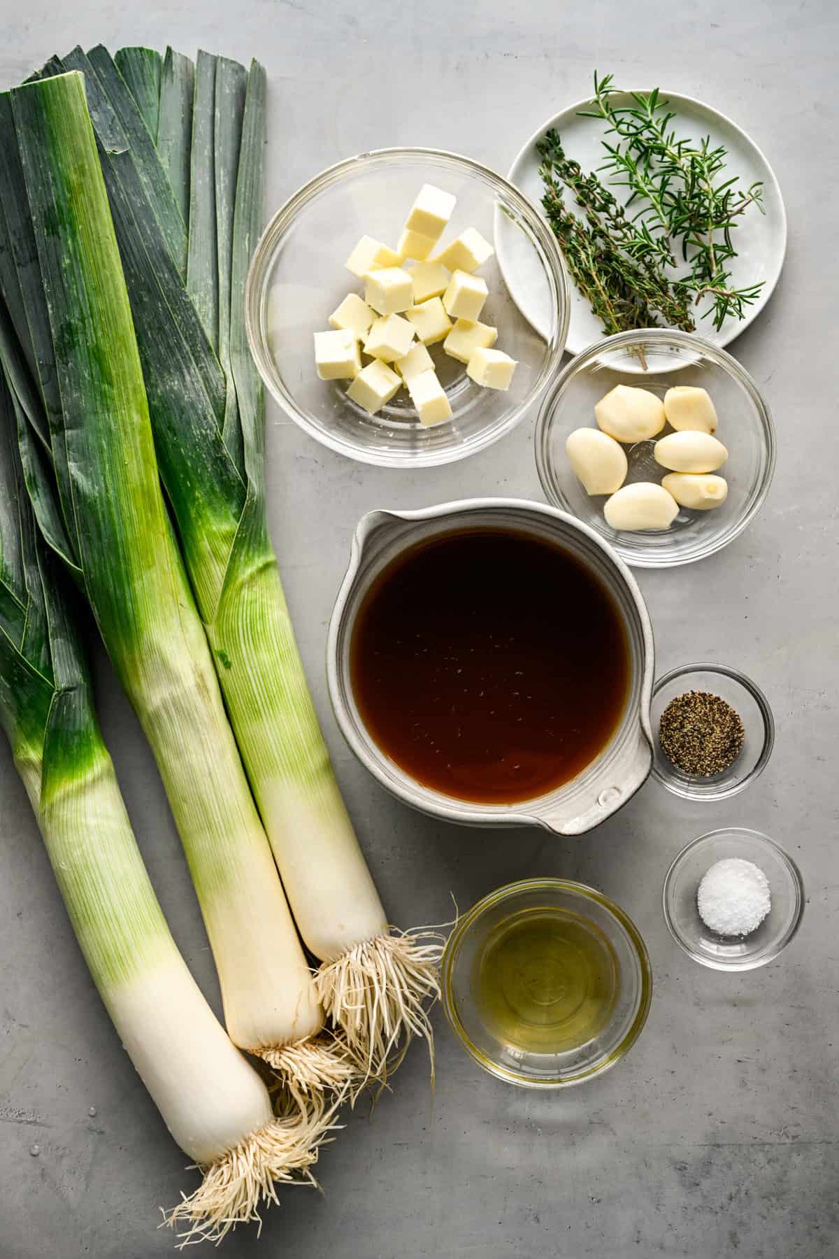 Overhead view of fondant leek ingredients.