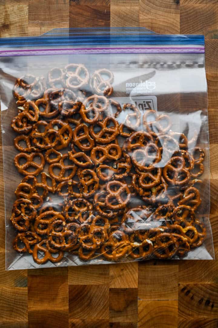 Pretzels in a plastic bag before being crushed.