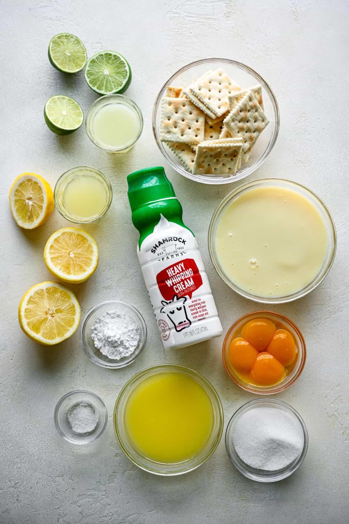 Overhead view of ingredients for atlantic beach pie in small bowls.