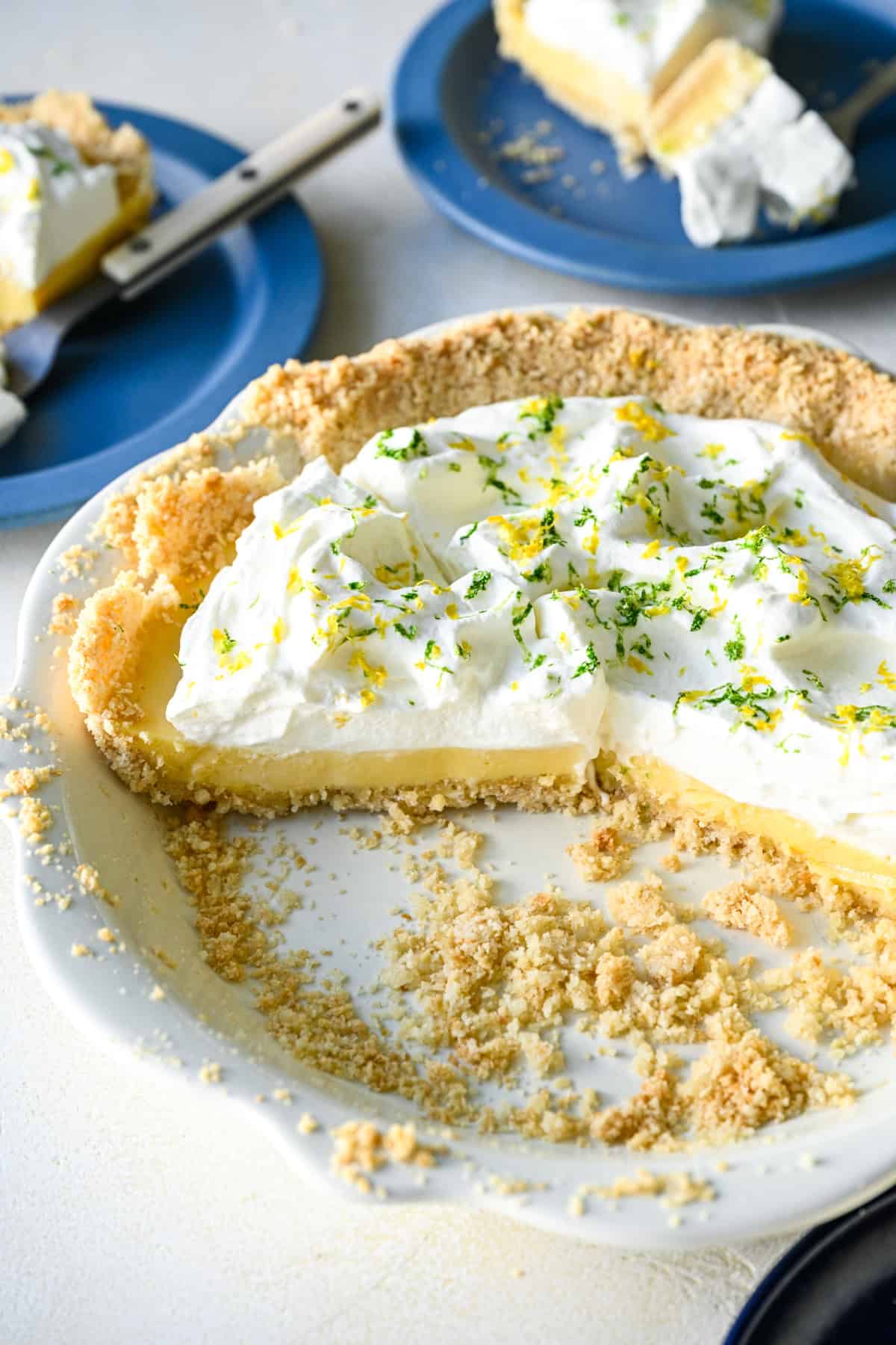 Side view of atlantic beach pie with a few slices taken out of pie tin.