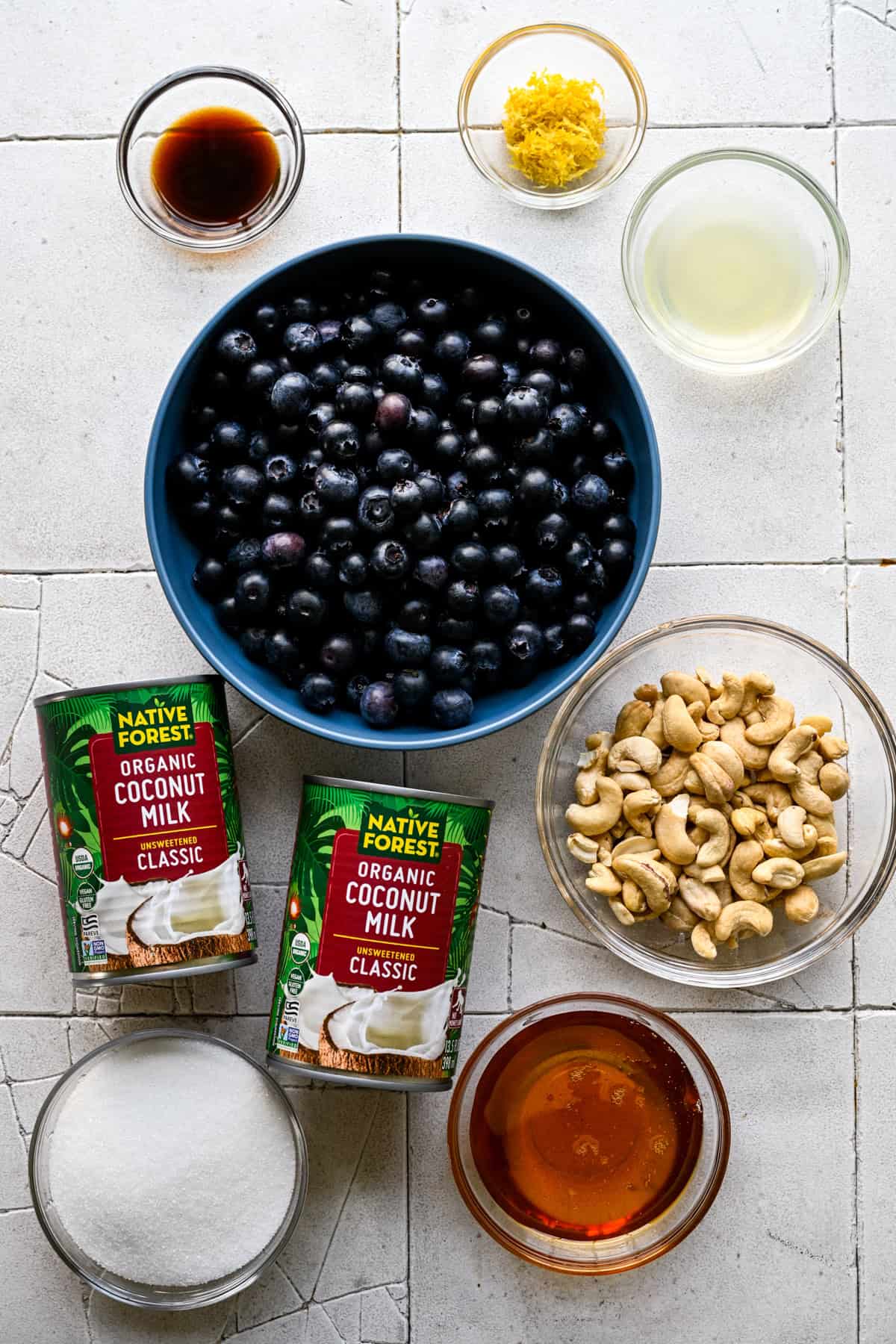 Ingredients needed for dairy free blueberry lemon ice cream.