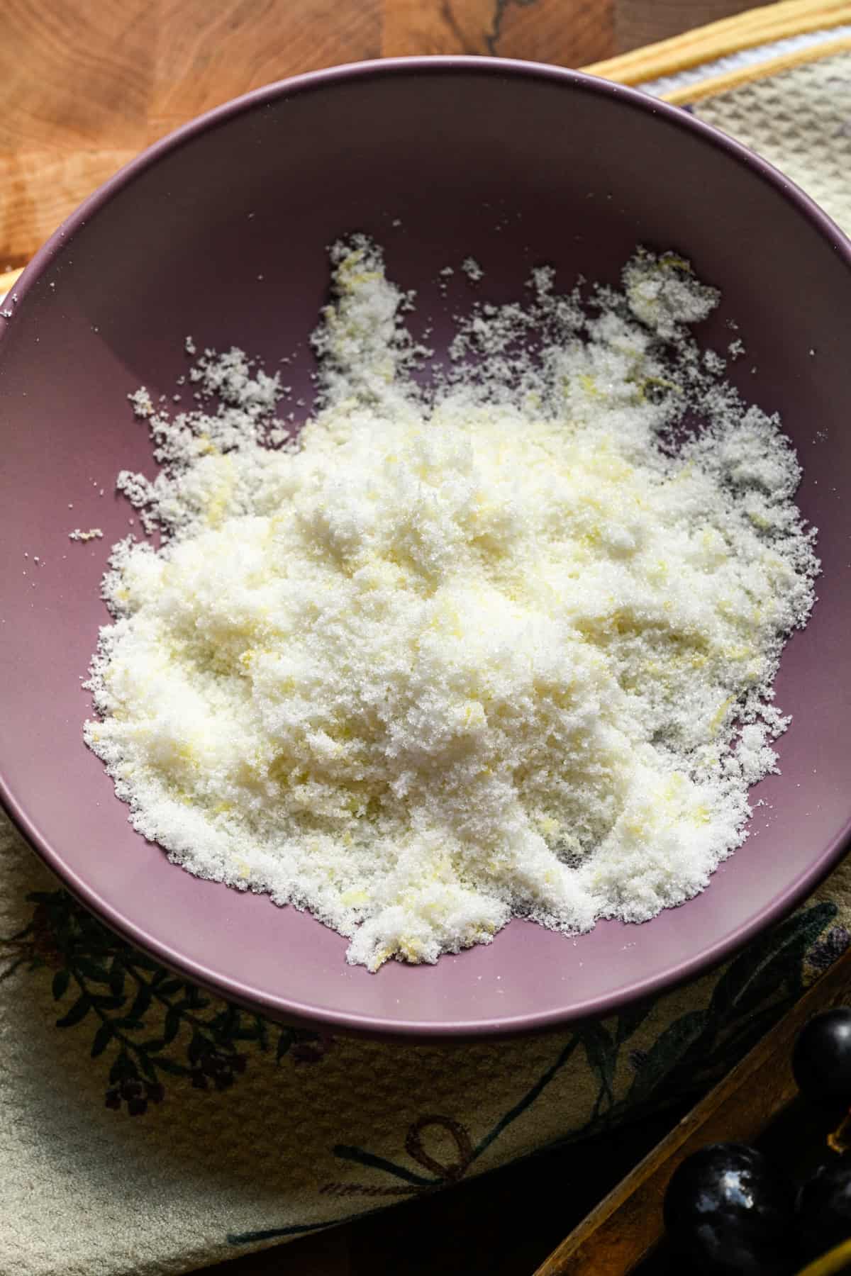 Overhead view of zest and sugar after rubbing together.