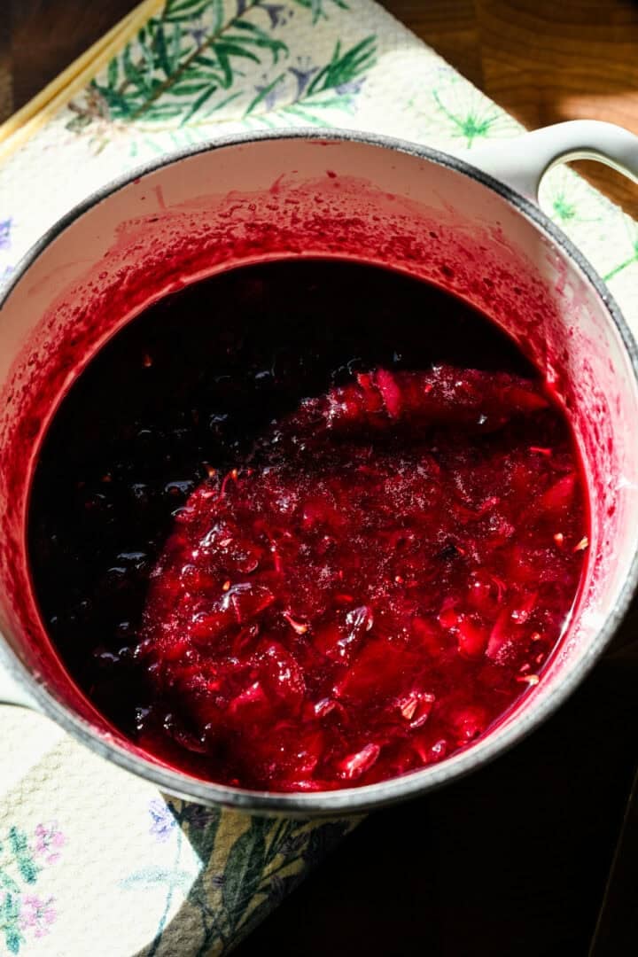 Overhead view of grapes after cooking.