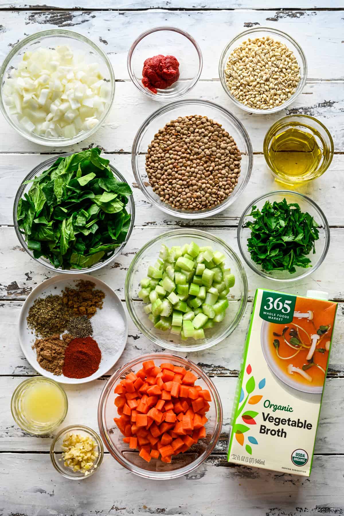 Ingredients needed for lentil barley soup.