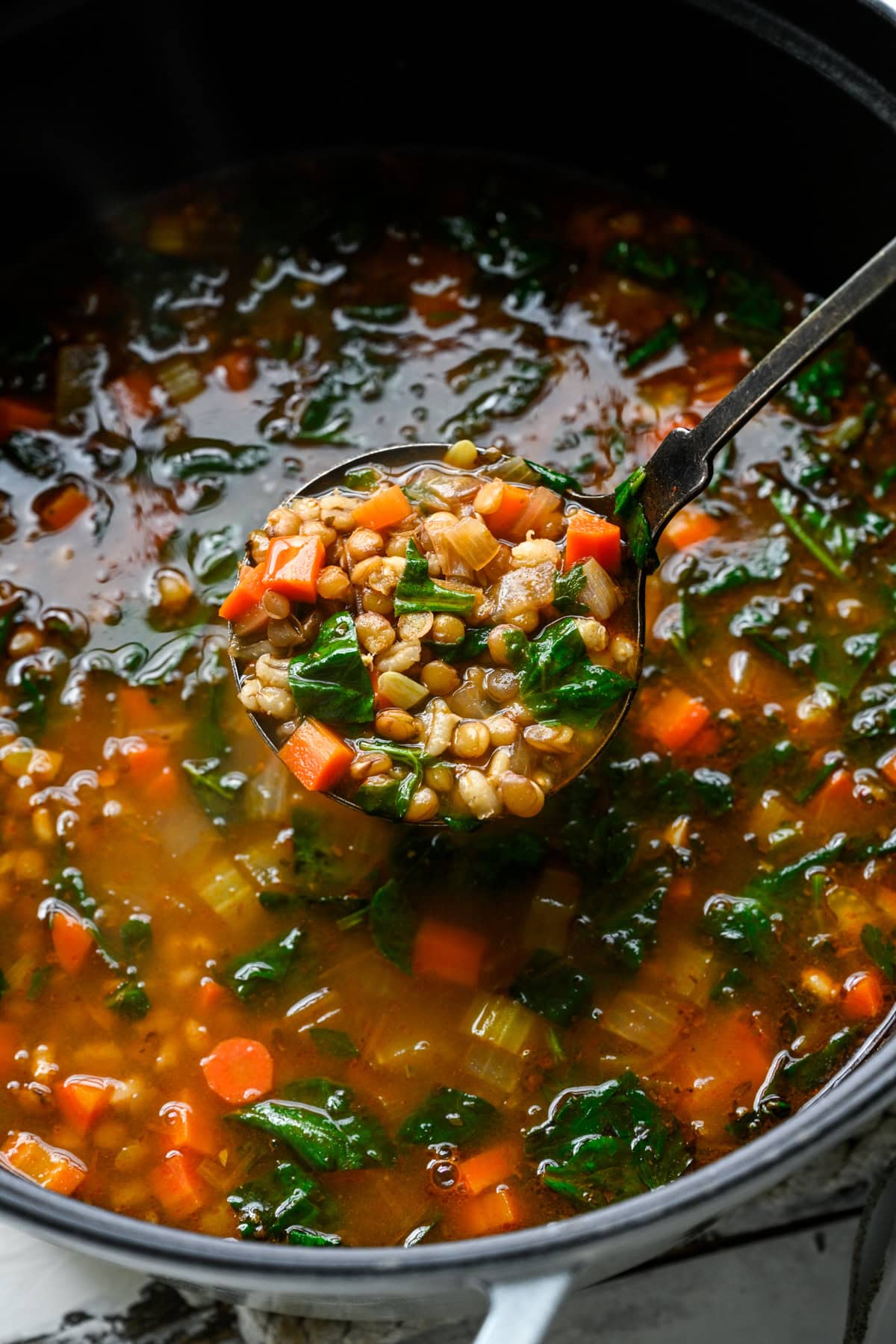 A ladle scooping Lentil Barley soup out of a pot.
