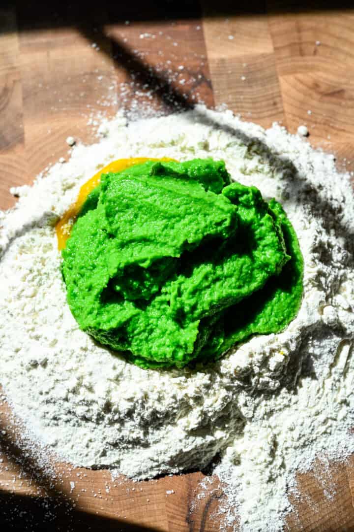 Overhead view of flour and blended peas.