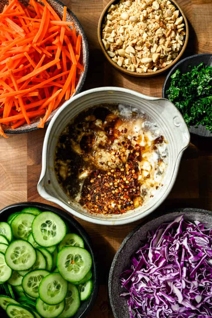 Overhead view of peanut marinade before mixing.
