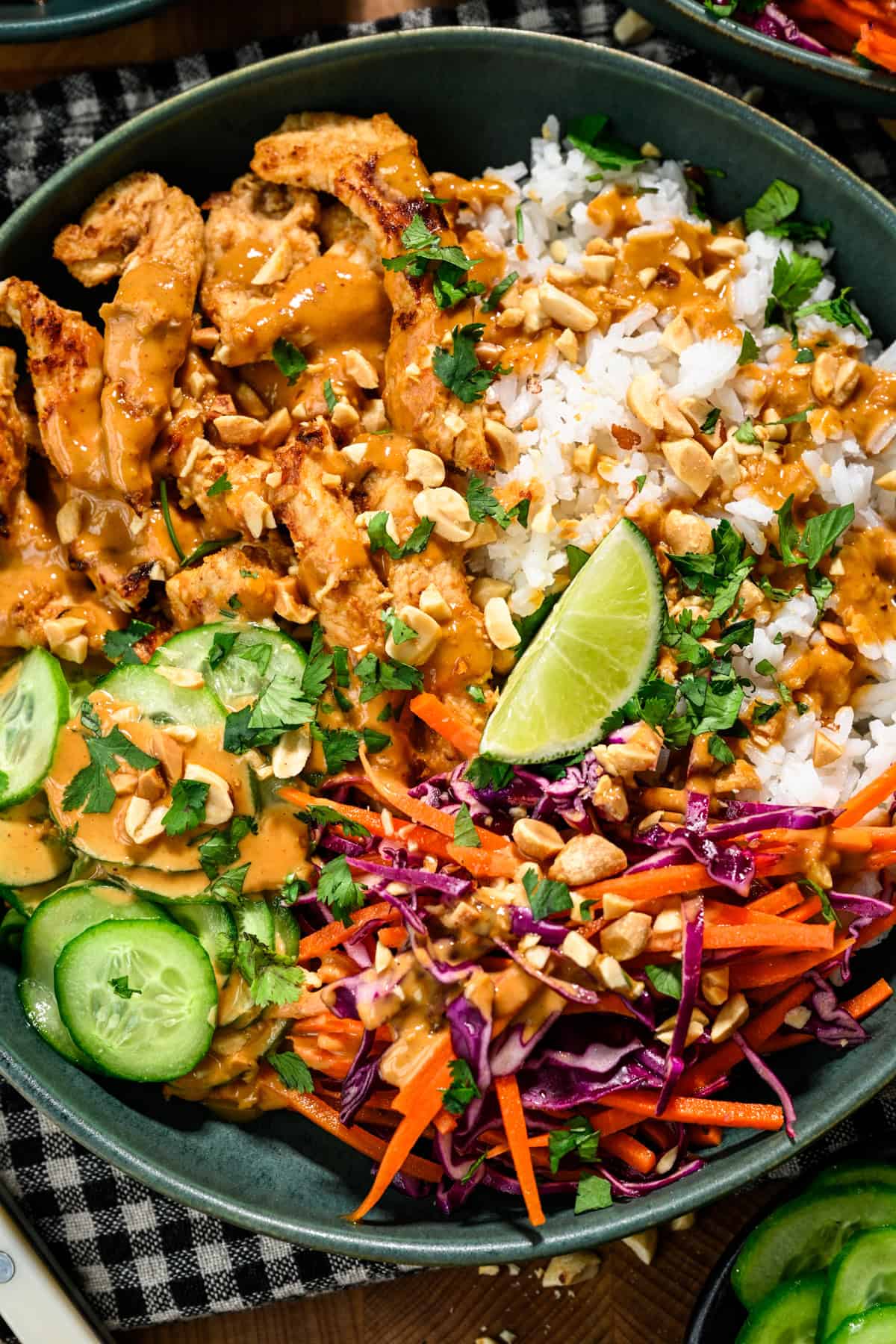 Overhead view of thai peanut chicken bowl.