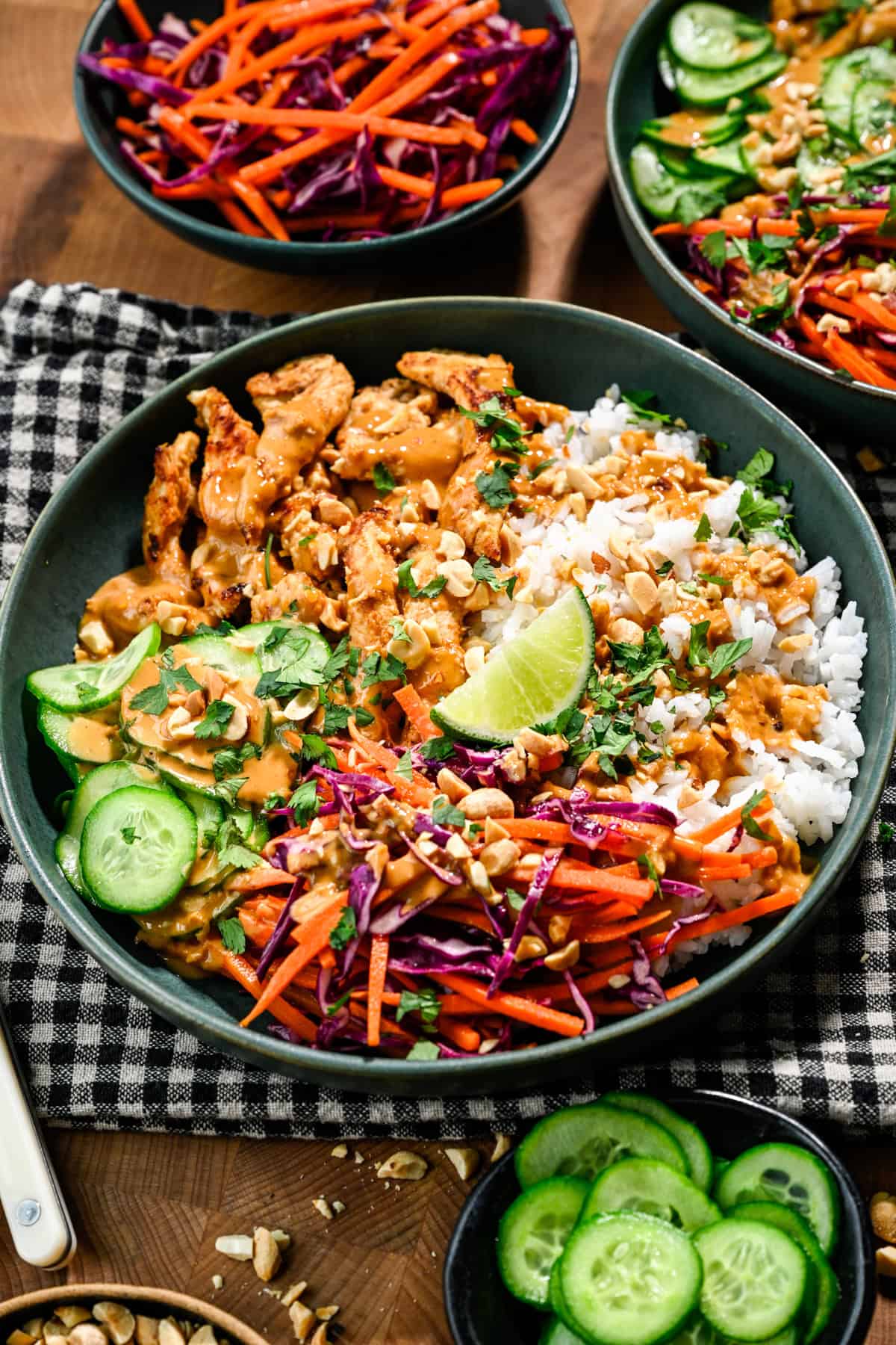 Overhead view of peanut chicken in a bowl.
