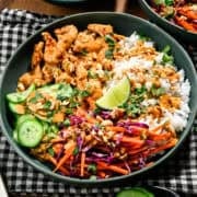 Overhead view of peanut chicken in a bowl.