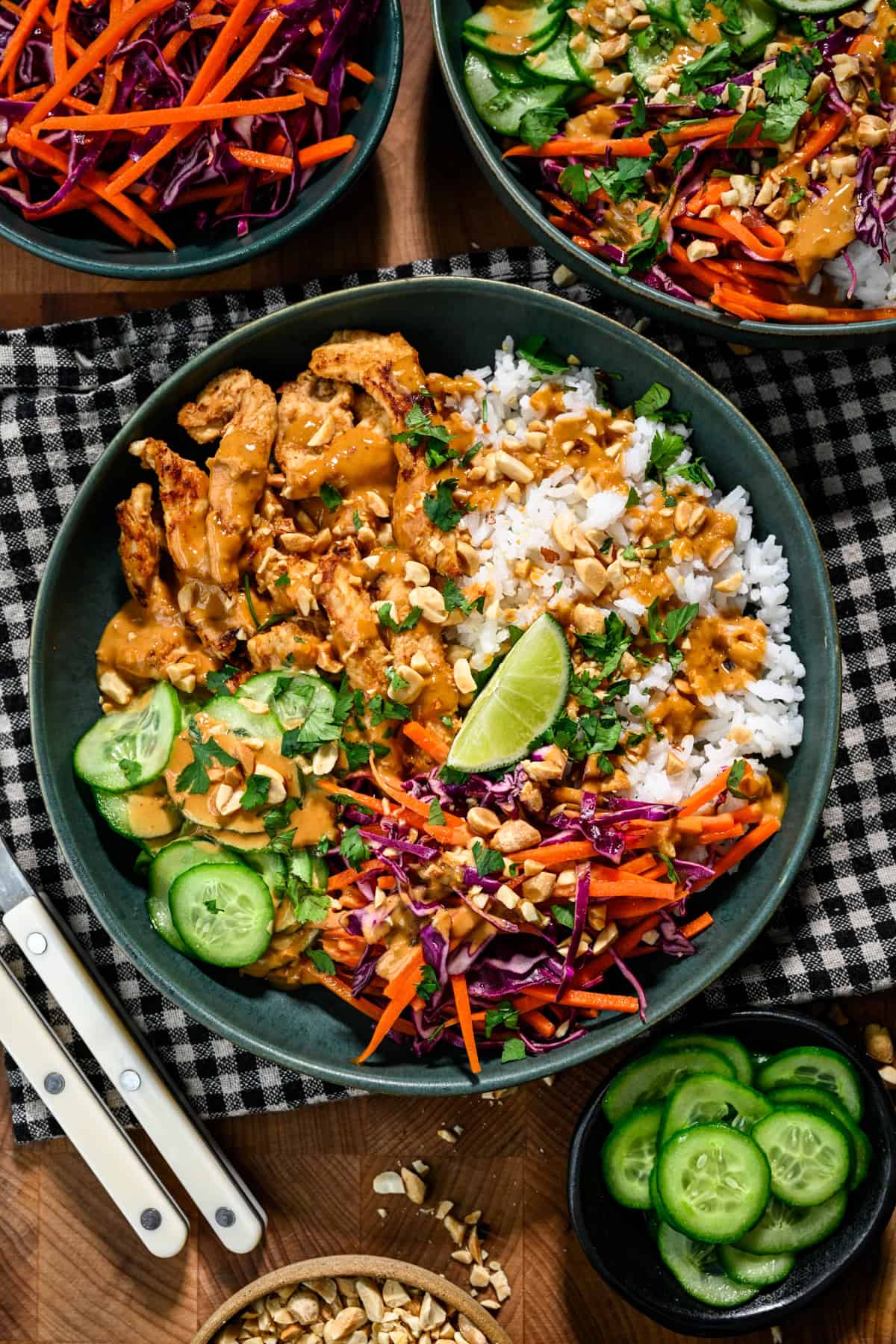 Overhead view of thai peanut chicken bowl.