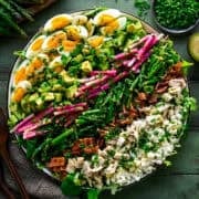 Overhead view of spring cobb salad with hard boiled egg, avocado, radish, asparagus, bacon, chicken and feta cheese in rows.