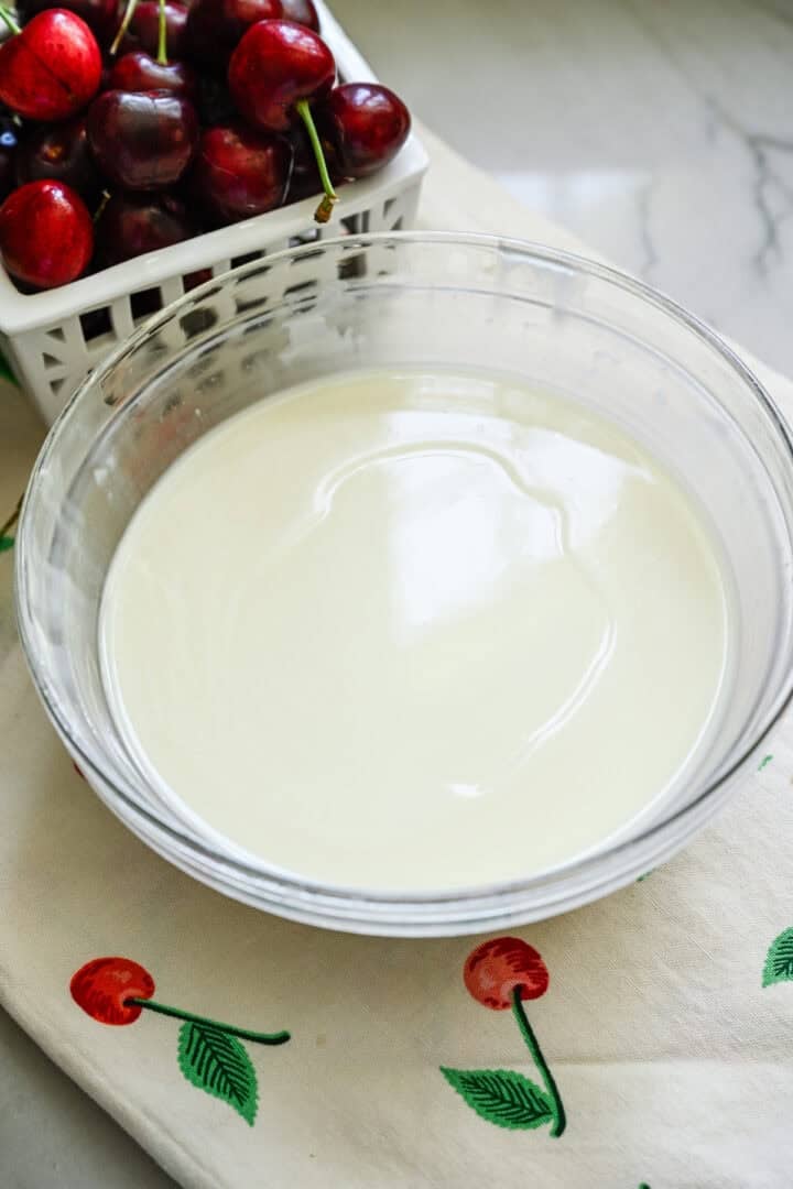 white chocolate and coconut oil melted in a bowl.