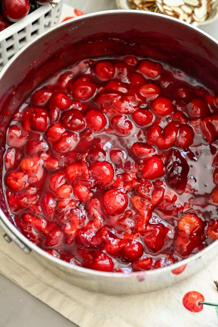 tart cherry filling in a pot once it's cooked down.